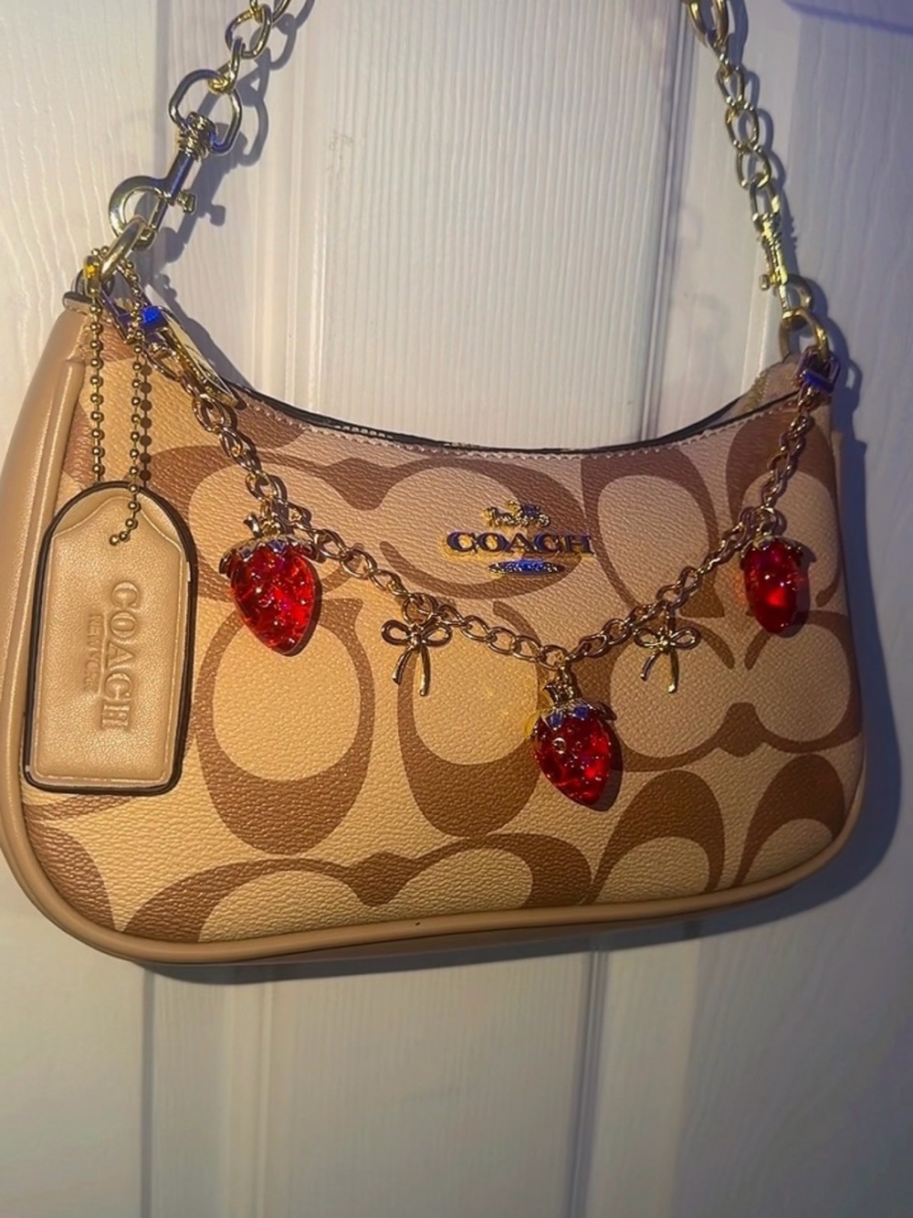 Tan Signature Canvas Mini Bag with Red Strawberry Charms